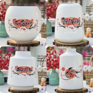 Lọ hoa gốm Bát Tràng dán decan chữ phong thủy Phát tài - Phát lộc- An Khang - Bình hoa men mát cao 21cm trang trí để bàn