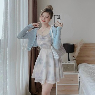 Set đầm voan hoa 2 dây cổ đổ kèm áo khoác siêu xinh
