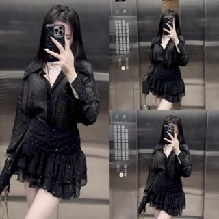  Set   Áo + Chân Váy   Áo Bling cổ bẻ tay dài phối chân váy cạp cao 2 tầng áo váy thiết kế By Trang Mun A35 