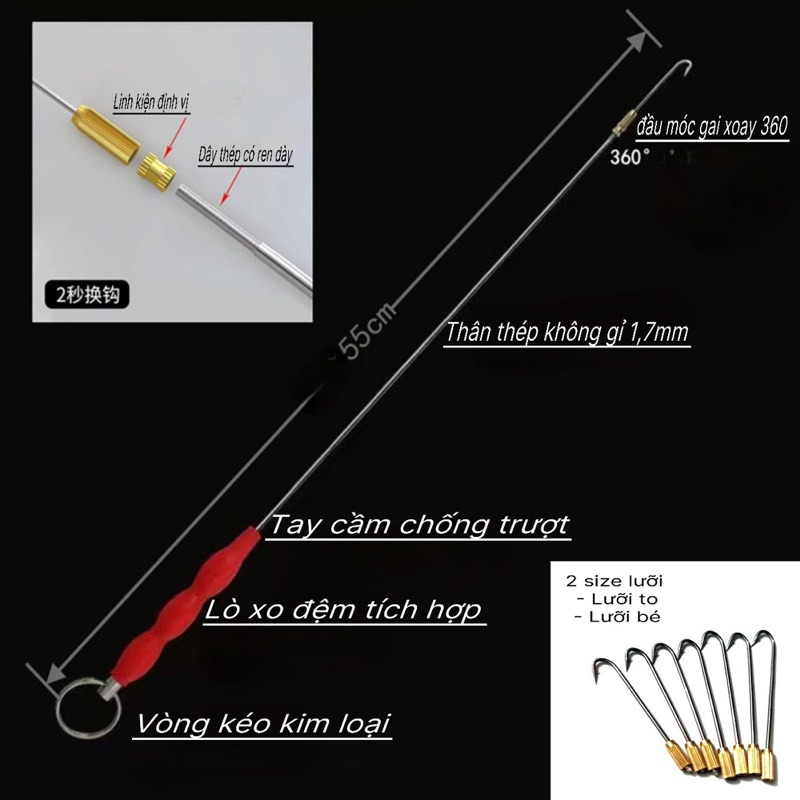 Combo gậy câu lươn, lưỡi câu lươn 55cm ( 1 gậy 1 lưỡi)