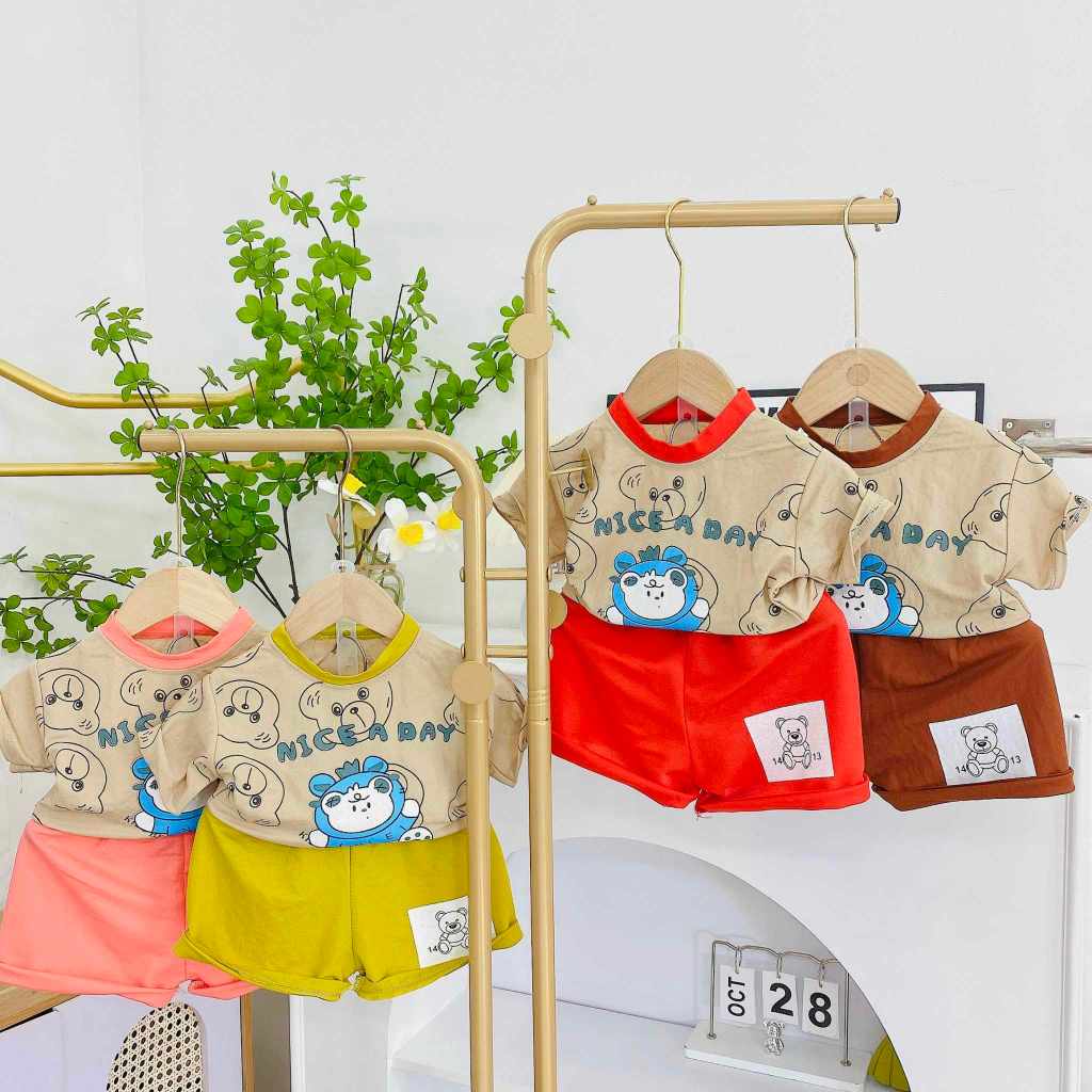 Combo 3 bộ cọc tay bé trai vải đũi hình gấu NICE A DAY
