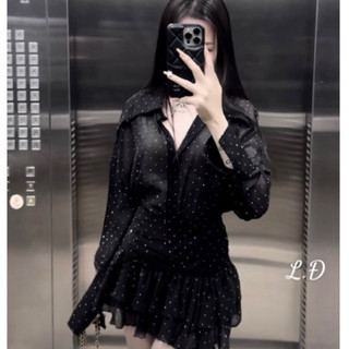 Set áo sơ mi tơ đính đá phối chân váy siêu hot