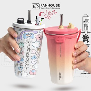 Ly giữ nhiệt cao cấp Fan House Tyeso Wonder dung tích 600ml giữ nhiệt 8-12h bình có ống hút vỏ chống xước khắc tên