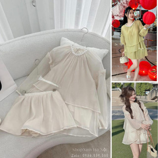 Set tơ xước bèo tầng cổ ngọc quần short xòe, Bộ đồ nữ bèo tầng cổ ngọc 2 lớp chống ngứa