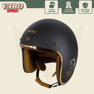 Mũ bảo hiểm 3/4 Ruby VARO Đen - viền vàng, lót nâu cao cấp BH 12 Tháng - tặng lưỡi trai
