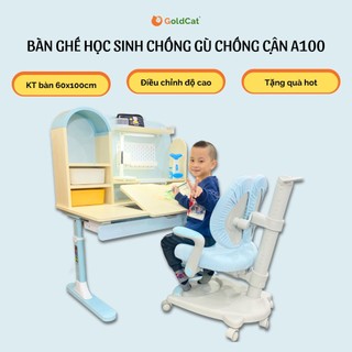 Tặng Đèn Học Thông Minh,Chống Cằm/ Bộ Bàn Ghế Học Sinh Chống Gù Chống Cận A100 GoldCat, Điều Chỉnh Chiều Cao