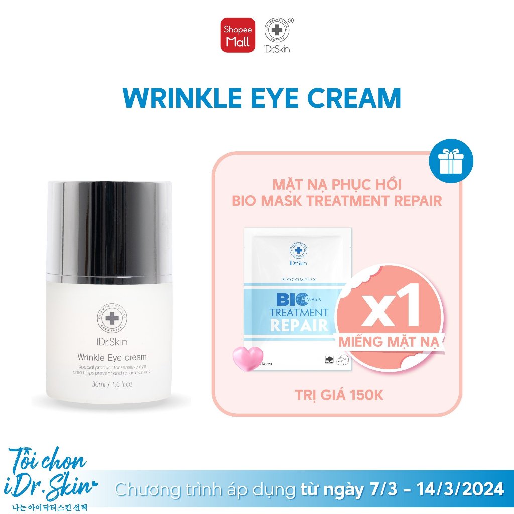 [iDr.Skin Chính Hãng] Kem dưỡng da mắt IDr.Skin Wrinkle Eye Cream xóa nhăn vết chân chim vùng mắt vùng cổ 30ml