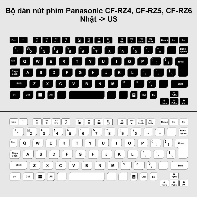 Bộ dán nút phím Panasonic CF-RZ4, CF-RZ5, CF-RZ6 Nhật -&gt; US (Nền trắng / đen, đã cắt sẵn, bàn phím layout japan)