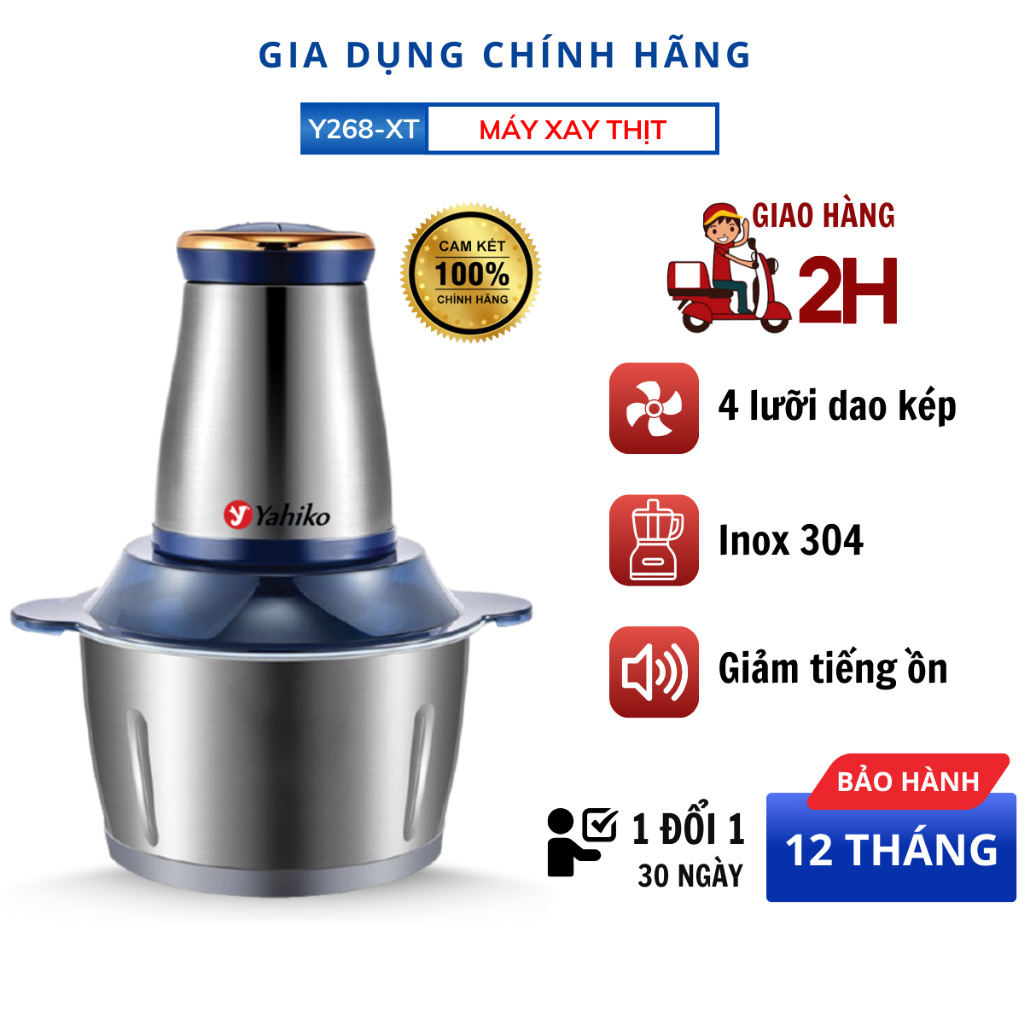 Máy xay thịt YAHIKO 4 lưỡi thép không gỉ, cối xay inox 304 bền bỉ, dung tích 2L, bảo hành 1 năm, 1 đổi 1 trong 3 tháng