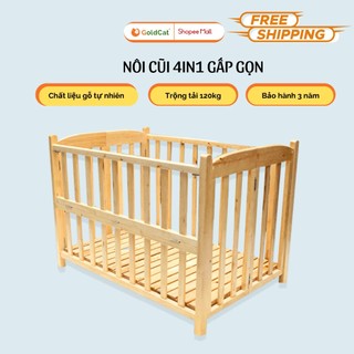 Cũi Cho Bé GOLDCAT 4IN1 Làm Từ Gỗ Quế Tự Nhiên, Có Thể Gấp Gọn Điều Chỉnh 2 Mức Cũi, Kèm Đệm Muslin Cao Cấp