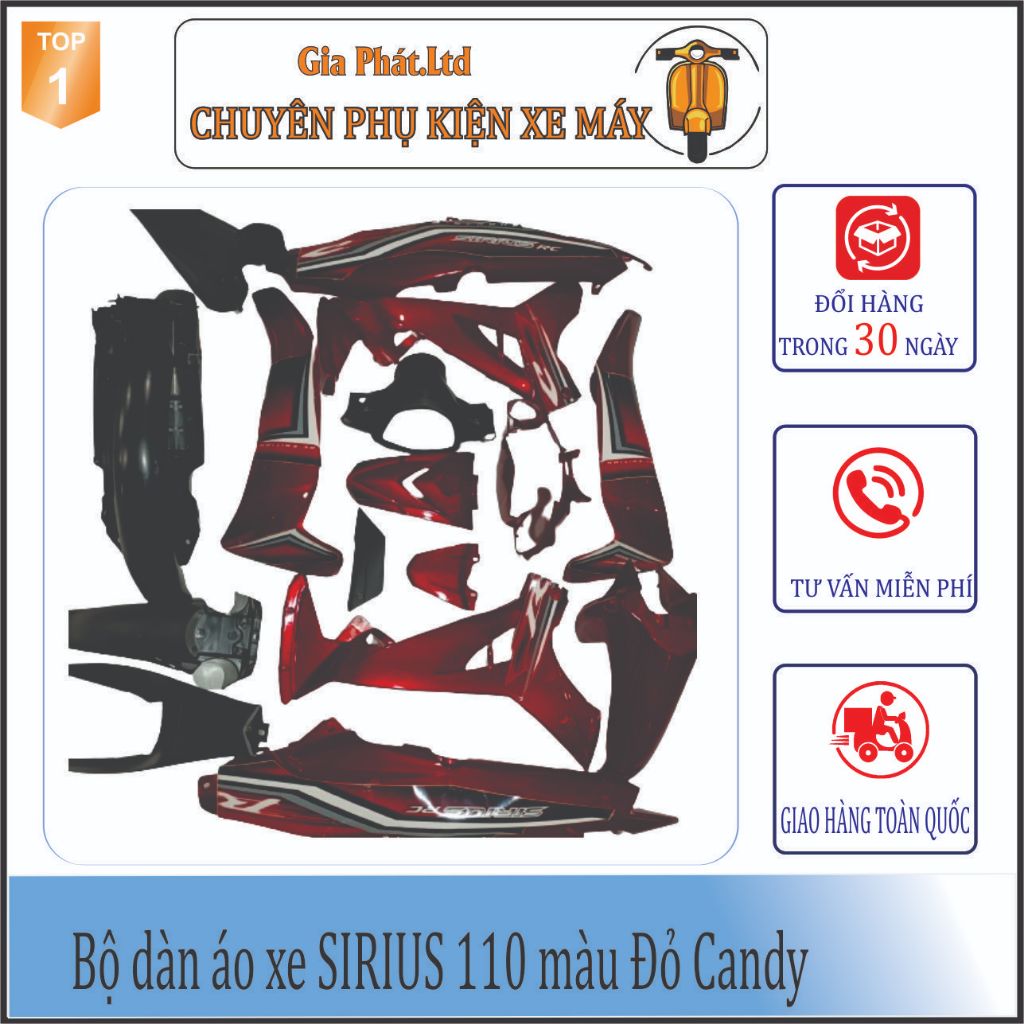 Bộ dàn áo xe máy - vỏ nhựa xe SIRIUS đời 2005 đến 2018  màu Đỏ Candy