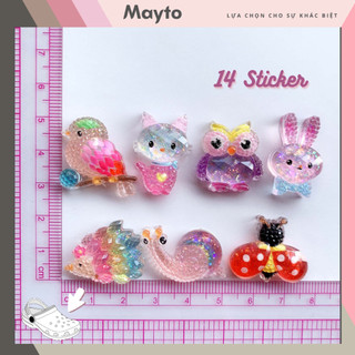 Bộ 14 Sticker, Charm 3D chủ đề Cú lấp lánh DIY Mayto nhựa cứng gắn Dép Cross, Dép Sục, Cá Sấu JB-133