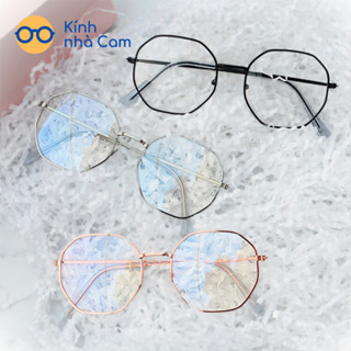 Gọng kính cận nữ nam mắt lục giác kim loại, Kính mắt đa giác tròng giả cận 0 độ chống ánh sáng xanh thời trang FERADO