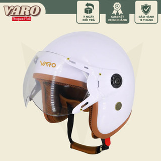 Mũ bảo hiểm 3/4 có kính VARO 368K màu trắng viền nâu - lót nâu cao cấp