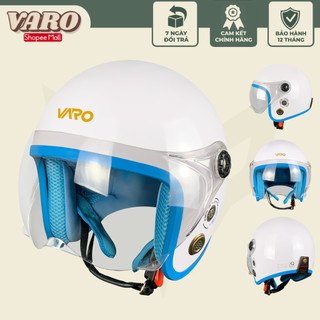 Mũ bảo hiểm 3/4 kính liền VARO màu trắng lót xanh viền xanh dương