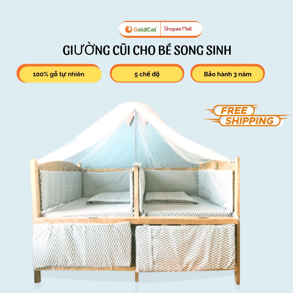 Cũi Cho Bé Sinh Đôi GOLDCAT Có Vách Ngăn, Chất Liệu Gỗ Quế Tự Nhiên Chống Mối Mọt
