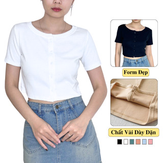 Áo Thun Croptop Nữ Ngắn Tay Cổ Tròn Khuy Cúc Vải Mềm Co Giãn Madela, Croptop Body Nữ Dáng Ôm Ngắn Tay Cổ Tròn