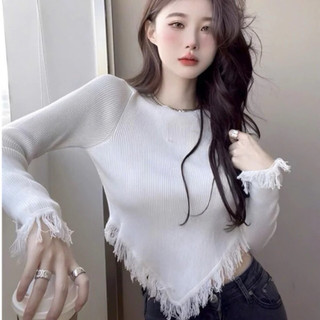 Áo kiểu tay dài vạt nhọn phối tua rua tả tơi boong store l9012