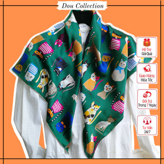 Khăn lụa vuông 90x90cm choàng cổ nữ, Khăn quàng cổ chất mềm hoạ tiết mèo phong cách trẻ trung thời trang xuân - Mã K9087