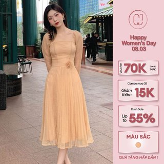 Đầm ren xơ dừa be Cây Leo Design tay dài chiết eo nữ tính Min5370