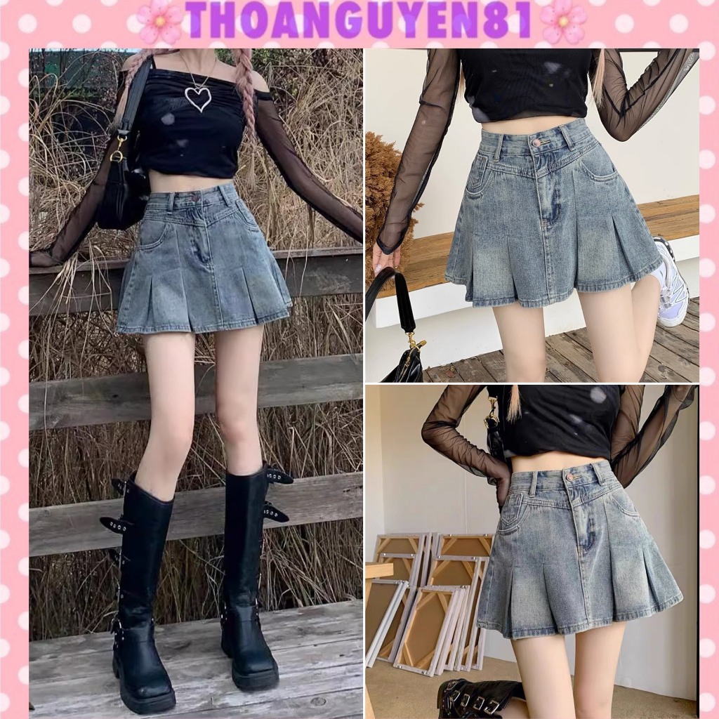 Chân Váy Jean Xếp Li Dáng Chữ A, Váy Bò Ngắn Có Lót Trong Hót Trend Cho Nữ