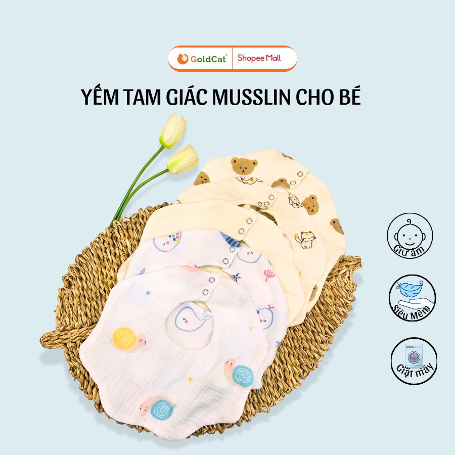 Yếm cổ tròn cho bé trai, bé gái chất liệu muslin xô cotton 100% điều chỉnh 2 nấc linh hoạt.