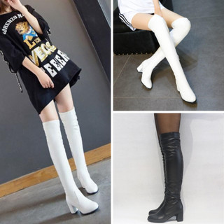 Giày boot nữ cổ cao ngang đùi GÓT VUÔNG cao 7cm màu trắng, đen thiết kế đơn giản TRẺ TRUNG- HIỆN ĐẠI GCC51