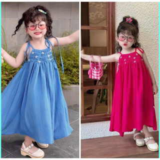 váy bé gái, vây dây gắn hoa cho bé ... chất jeans lụa mềm cho bé từ 12-40kg