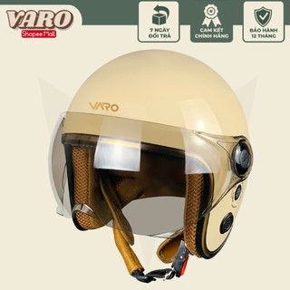 Mũ bảo hiểm 3/4 kính liền VARO viền đồng - Kem bóng