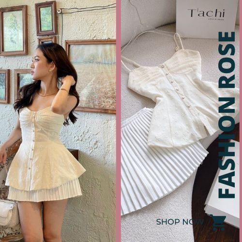 Set Áo Trễ Vai Tay Loe Kèm Chân Váy Ren Chữ A, Bộ Áo Croptop Zip Xẻ Đen Kèm Quần Ống Rộng Suông Lụa Xòe Thiết Kế Đi Biển