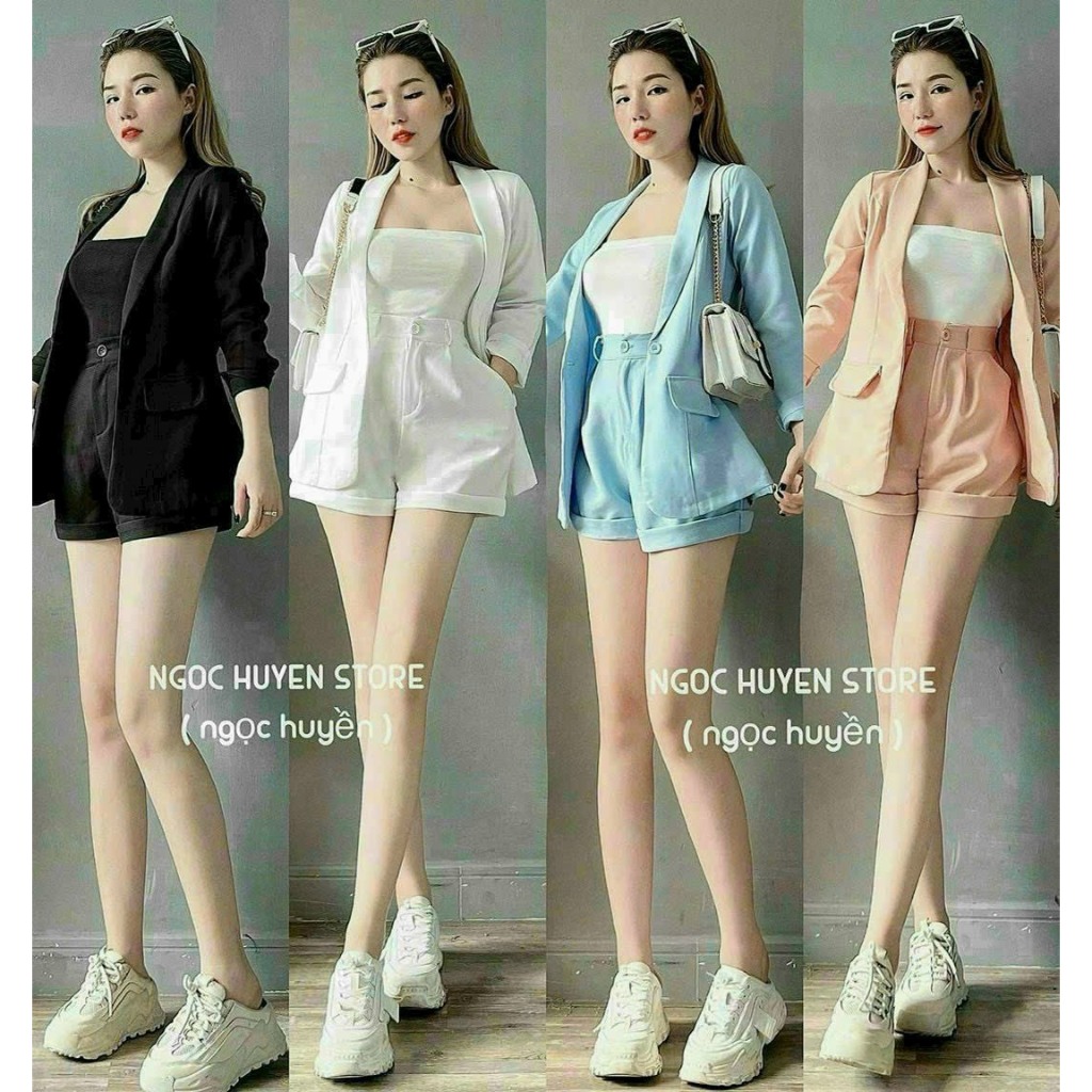 Set áo croptop cúp ngực mix quần short cạp cao kèm áo blazer ngoài chất thun lạnh đi làm đi chơi đều