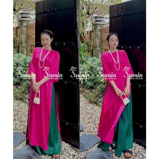 Set áo dài gấm suông cổ tròn dáng dài may sẵn_áo dài cổ tròn chất liệu gấm cao cấp_áo dài sumin