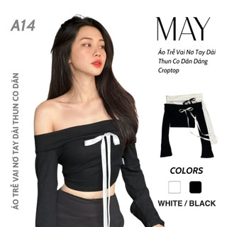 A14 - Áo Trễ Vai Nơ Tay Dài Thun Co Dãn Dáng Croptop Nữ