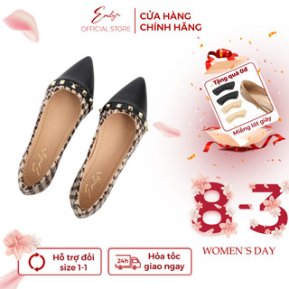 Giày bệt Emily Giày Búp Bê Đế Bằng Mũi Nhọn Da Lì Phối Dạ Tweed Đính Đinh Thời Trang Thanh Lịch - EB37M