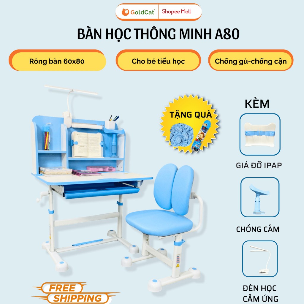 Bàn Ghế Học Sinh Thông Minh Chống Gù Chống Cận Cho Bé Kèm Giá Sách, Đèn Học Goldcat A80