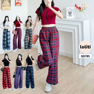 Quần kẻ caro, quần ống rộng cạp chun Loliti QD785