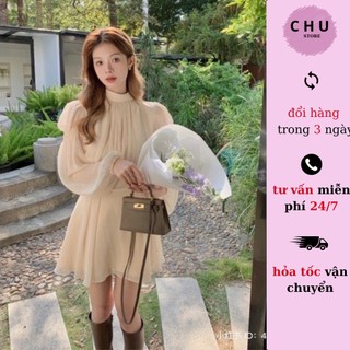 Đầm voan kem có dây thắt nơ sau tiểu thư nhẹ nhàng