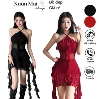 Đầm ôm body nữ cổ yếm cột dây tua rua phong cách y2k hai màu đỏ đen đi chơi đi tiệc đi biển xuanmaishop12