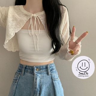 Áo khoác cardigan len dệt kim mỏng, áo khoác mỏng dáng lỡ tay dài phối sóng nơ phòng cách hàn quốc smide
