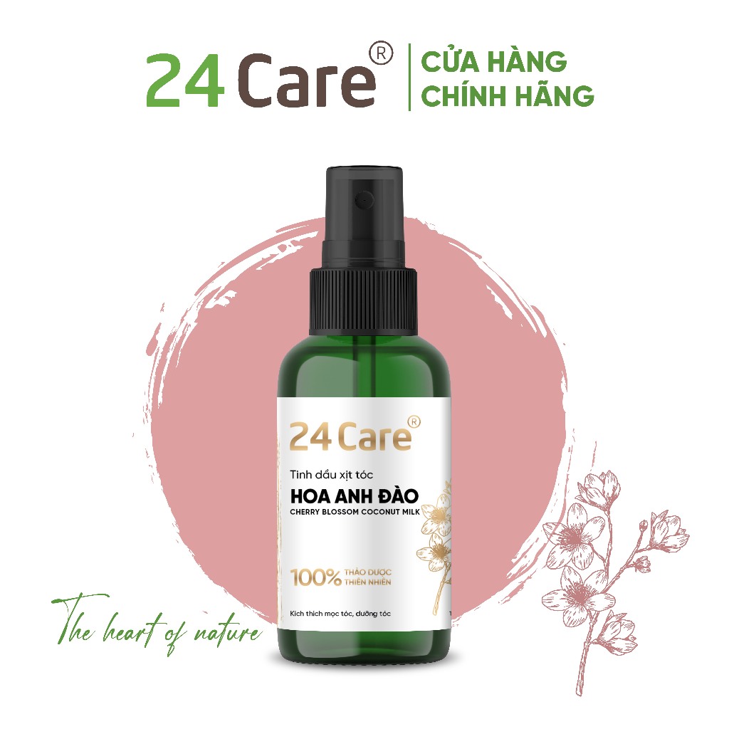 Xịt dưỡng tóc tinh dầu Vỏ Bưỏi, Hoa Anh Đào 24Care 50ml / 100ml - Chăm sóc tóc mượt óng ả