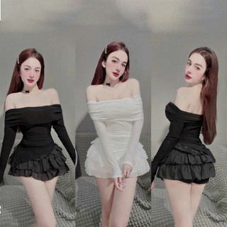 Sét Váy Nữ áo trễ vai voan tay dài, kèm váy xếp tầng kute
