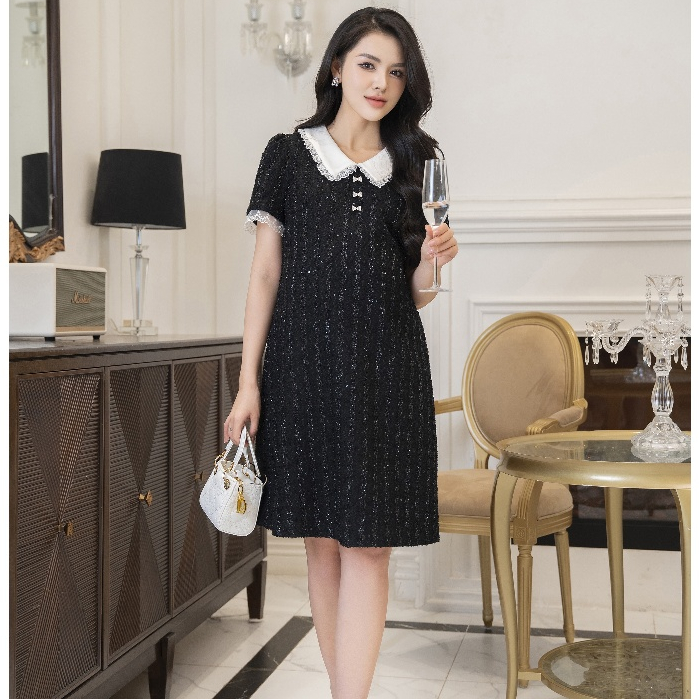 MEDYLA - Váy bầu thiết kế Jenni Dress kim sa đen phối cổ trắng đầm bầu công sở cho bầu đi tiệc đám cưới - VTA1708