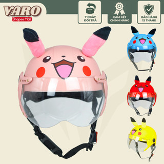 Mũ bảo hiểm nửa đầu VARO - Trẻ em - PIKACHU TAI HỒNG - CAO CẤP bé từ 5-10 tuổi