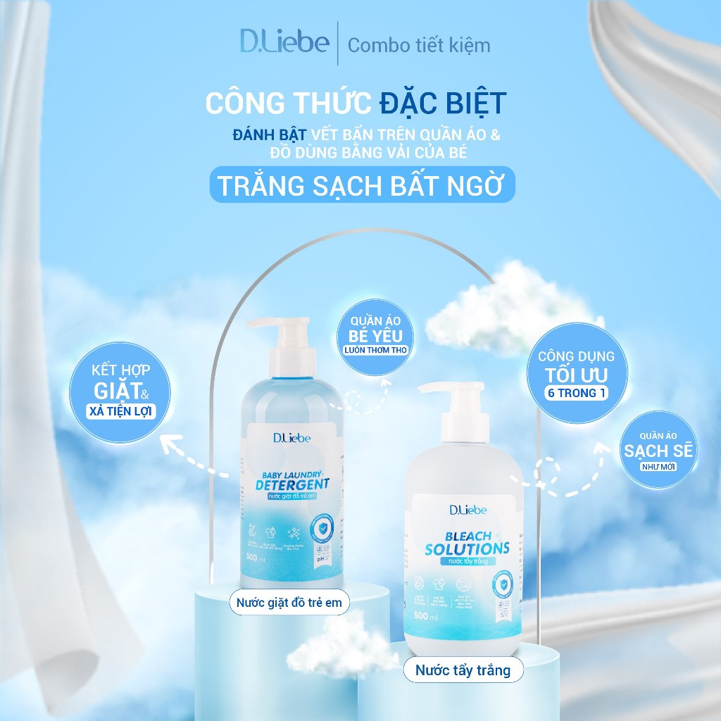 Combo 2 sp Nước Giặt Trẻ Em + Tẩy Trắng Quần Áo D.liebe,Sạch Sâu,Kháng