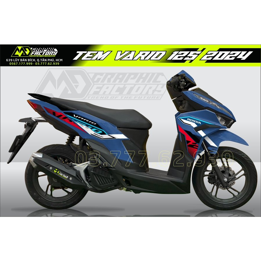 Tem rời Vario 125 2023 2024 xanh dương - mẫu sọc đỏ trắng đơn giản - nổi bật