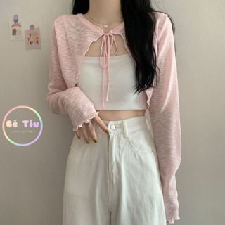 Áo Khoác Cardigan Len Lưới Đan, Áo Khoác Mỏng Tay Dài Dáng Croptop Phối Sóng Nơ Thoáng Khí Hàng Qccc Siêu Xinh Betiu