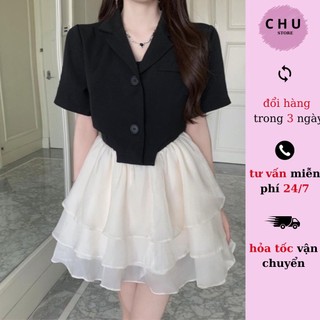 Sét áo vest nhỏ + váy 2s tầng nơ sau áo xinh xinh đủ size đi chơi