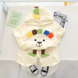 Bộ cộc tay sắc màu liền mũ lotuka cho bé, set bộ mặc nhà bé trai bé gái, quần áo trẻ em thun lạnh size 4-18kg