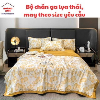 Bộ chăn ga lụa thái 4 món nhập khẩu, chăn chần bông đắp hè, ga may theo size khách đặt