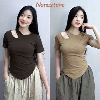 Áo thun nữ cộc tay khoét vai vạt bầu, áo phông nữ ngắn tay chất liệu tăm hàn BigSize 259T